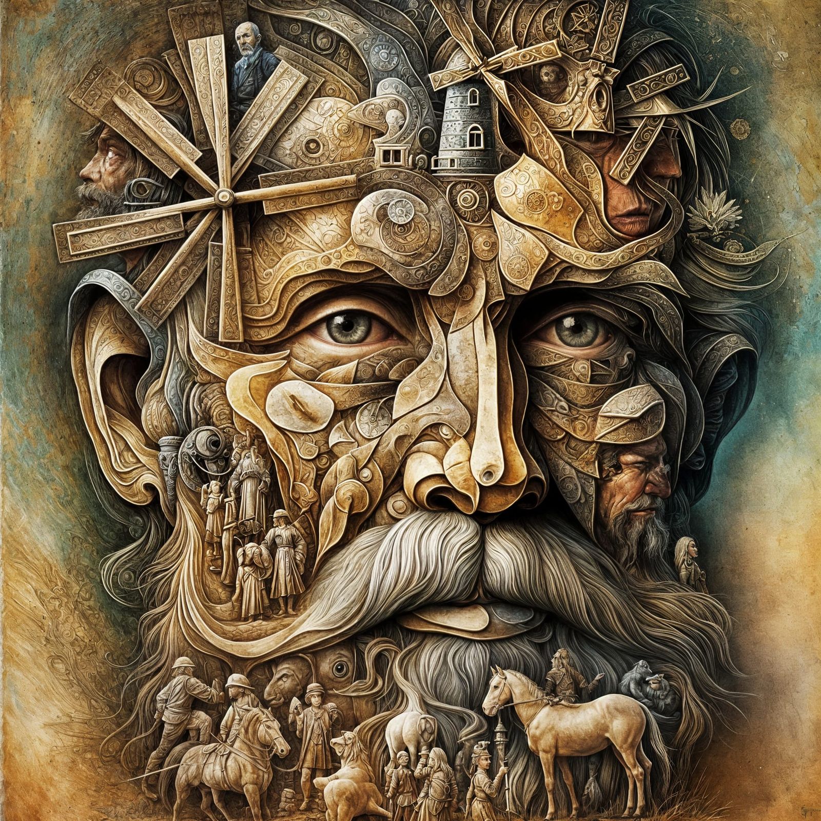 Surreal Elderly Man's Face Composed of Whimsical Elements