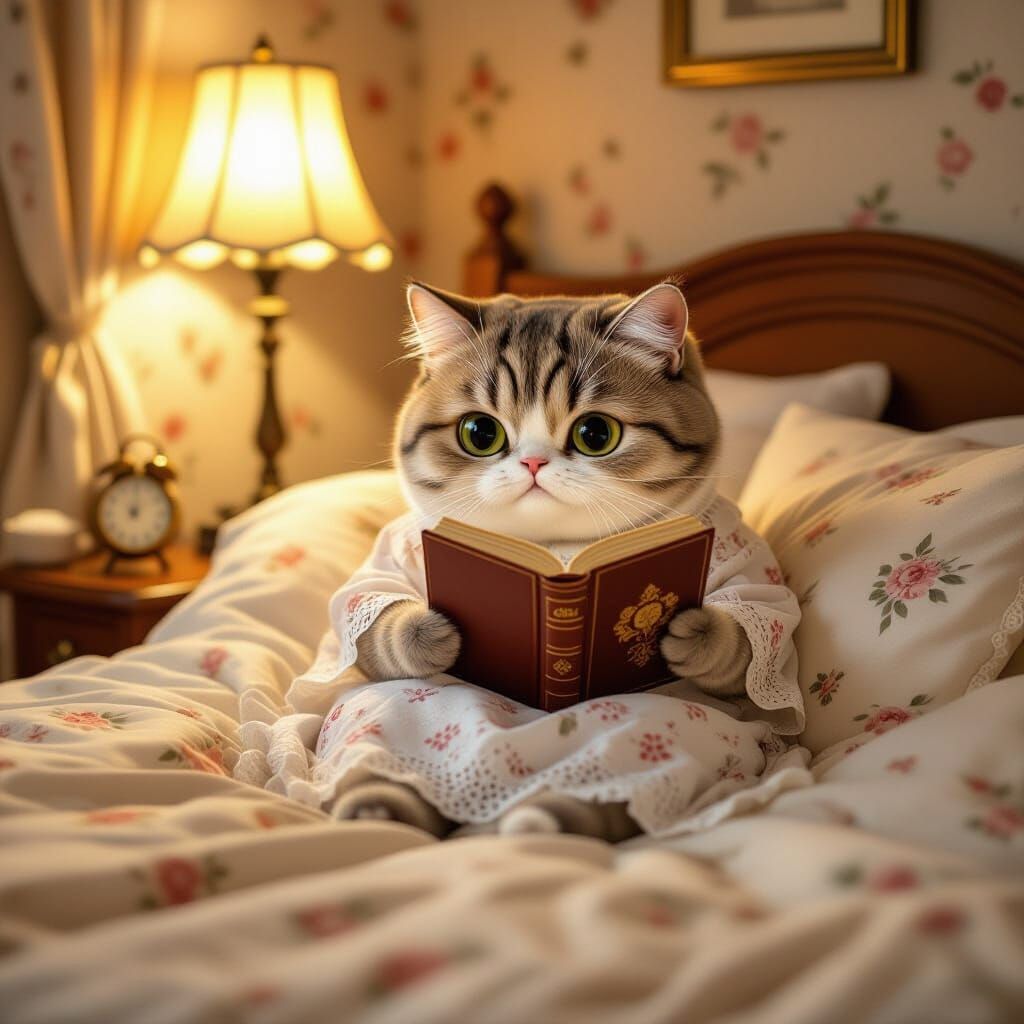 Pusheen Reading in Bed, Vintage Lamplight