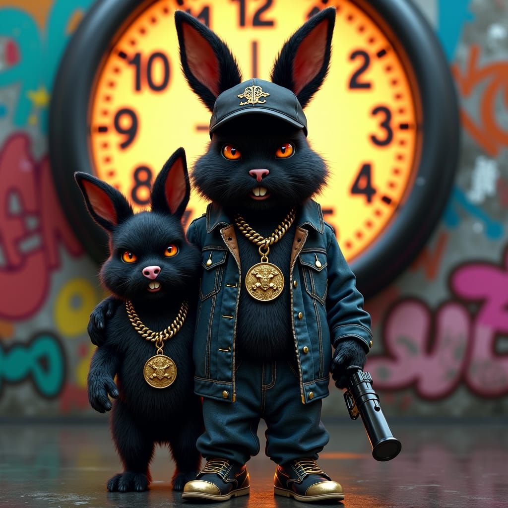 Hyperrealistic, bad , gangster black fluffy bunny with a huge clock,shoots with a water pistol with a chain around his n...