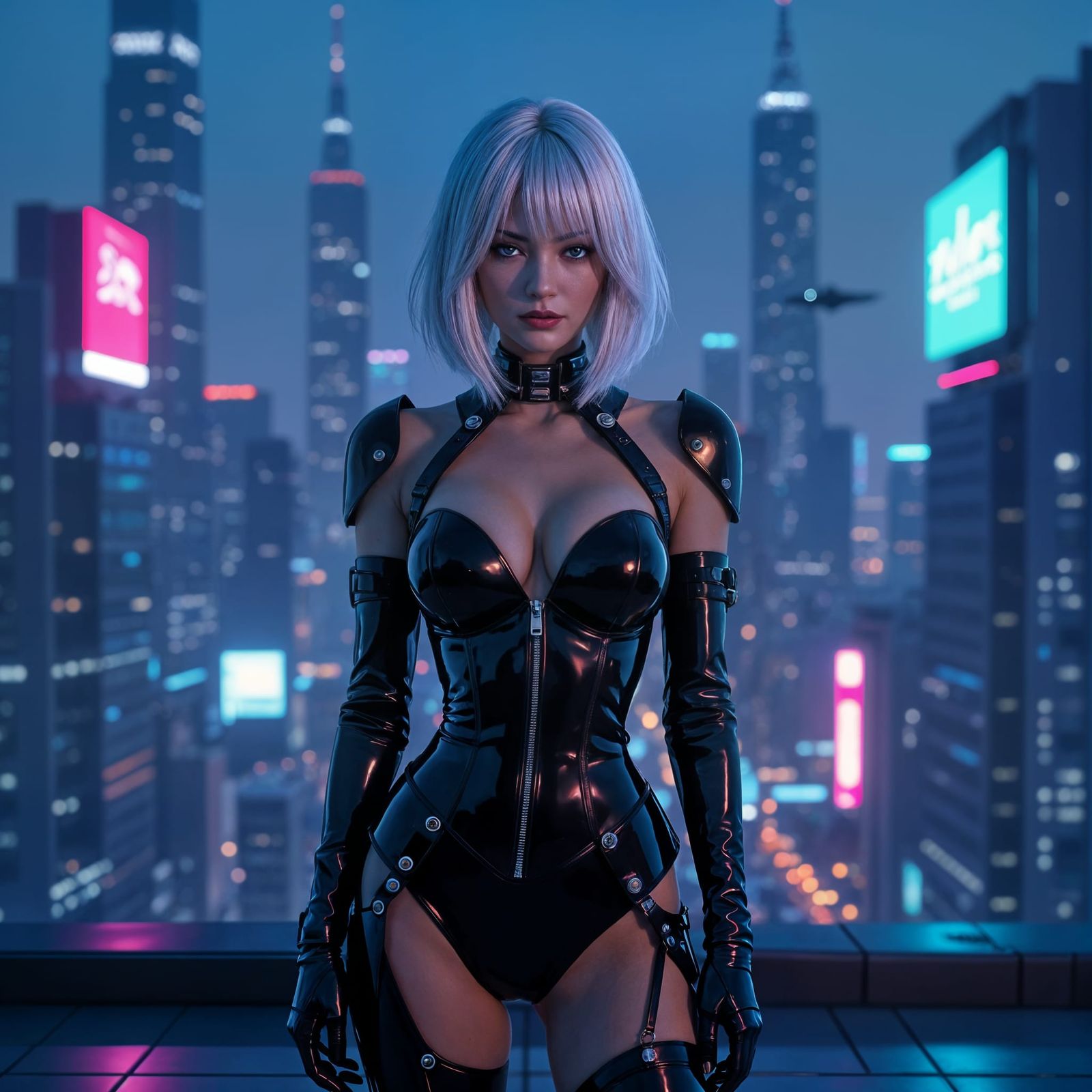 Cyberpunk Woman on Neon Rooftop in Sorayama Style