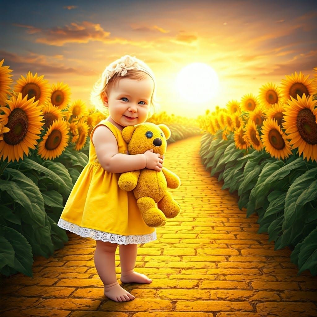 Baby Girl and Teddy Bear in Sunflower Field
