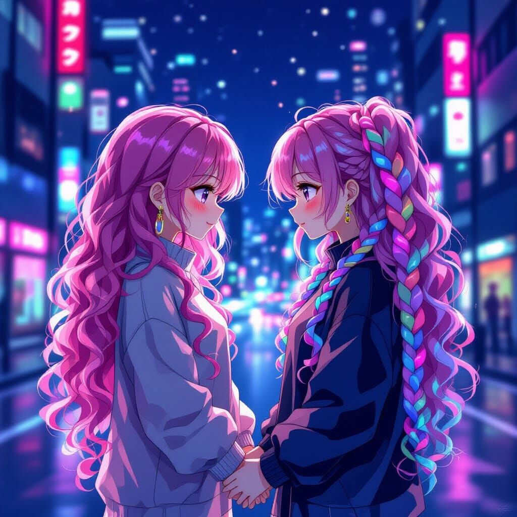Anime Style Women in Futuristic City at Night