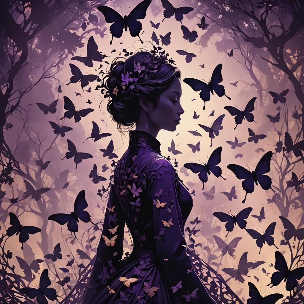 Silhouette in deep purple with butterflies