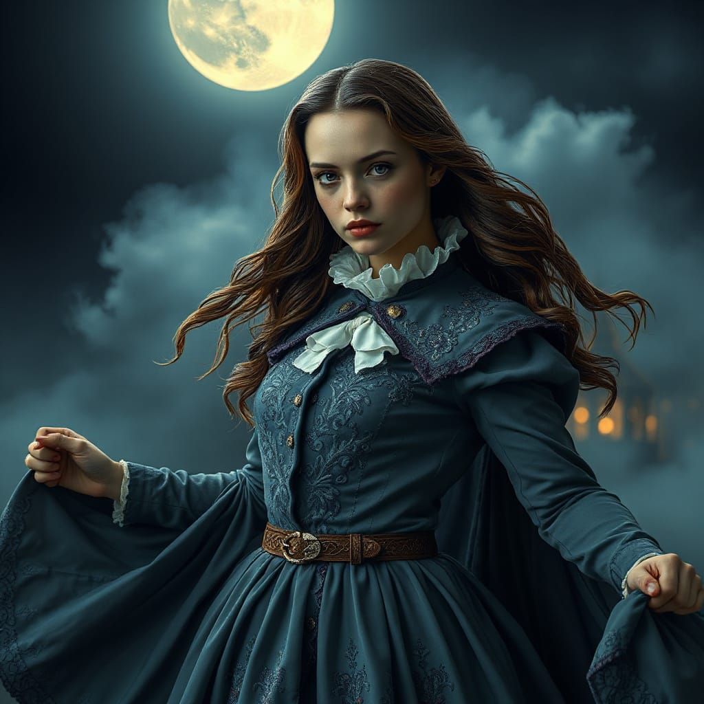 Courageous Victorian Woman in Moonlit Scene