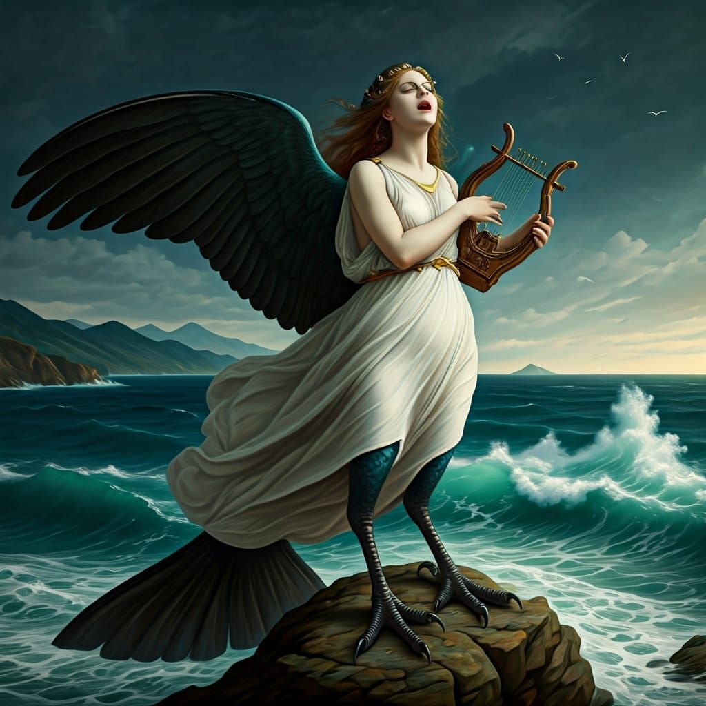Mythical Siren Luring Ship in Dark Surrealism Style