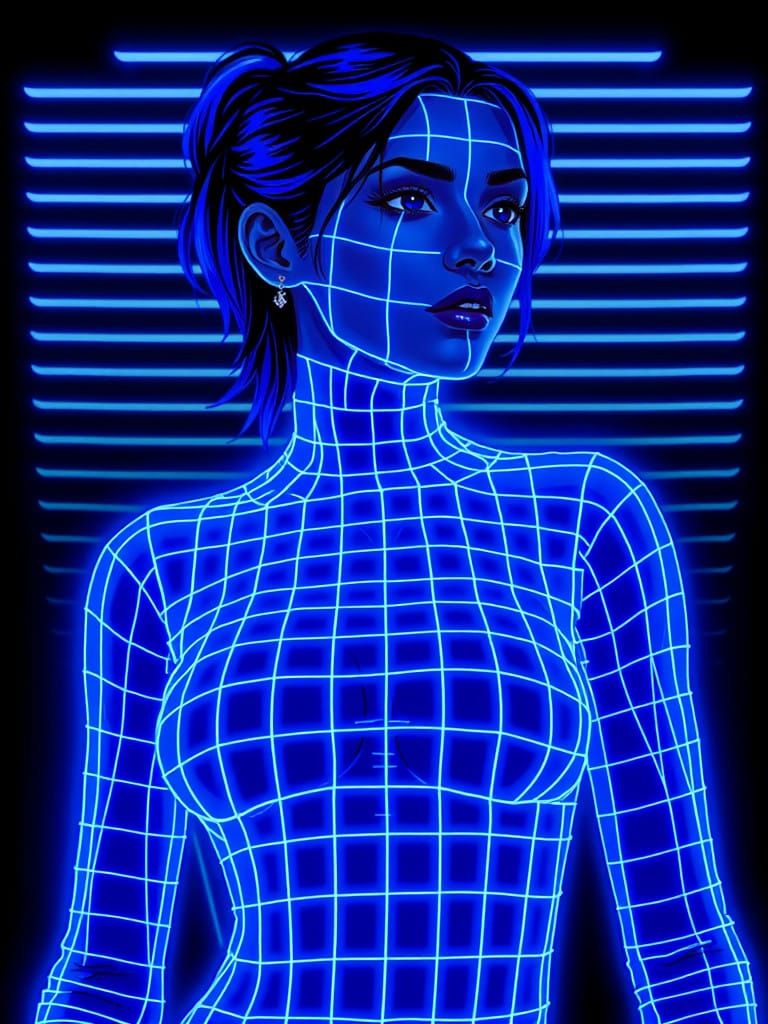 Neon Synthwave Goddess in High-Tech Grid