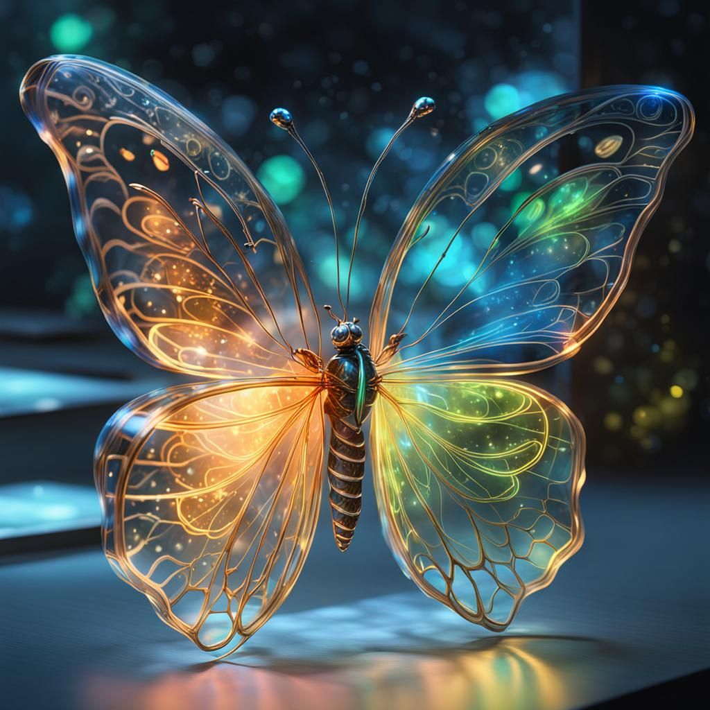 Bioluminescent Glass Butterfly in Cube, Anime Key Visual