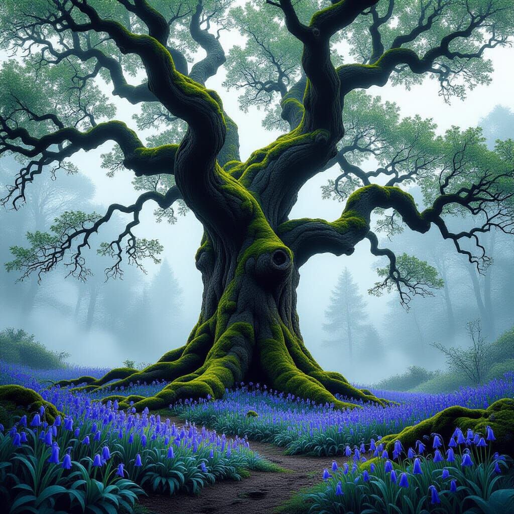 Mystical Oak Tree in Forest Clearing Illustration