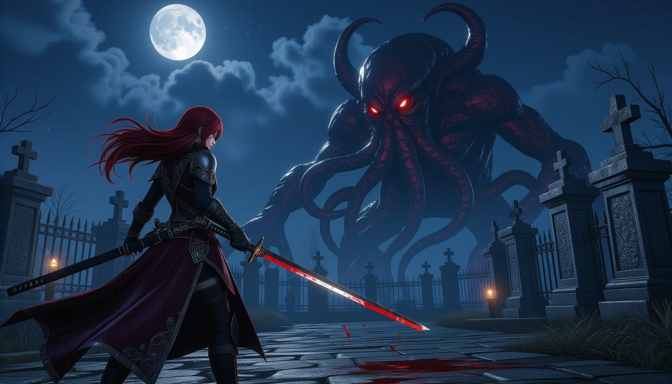 Bloodborne Hunter Fights Cthulhu in Graveyard