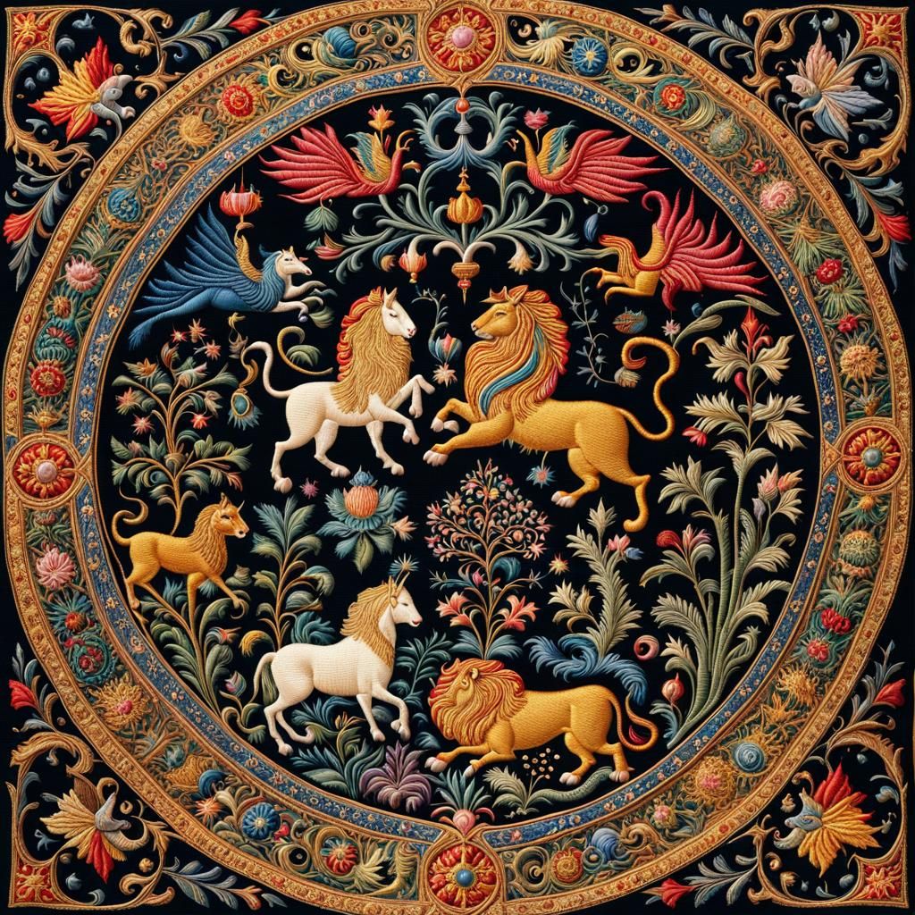 Magical Map with Mythical Creatures in Embroidery Style