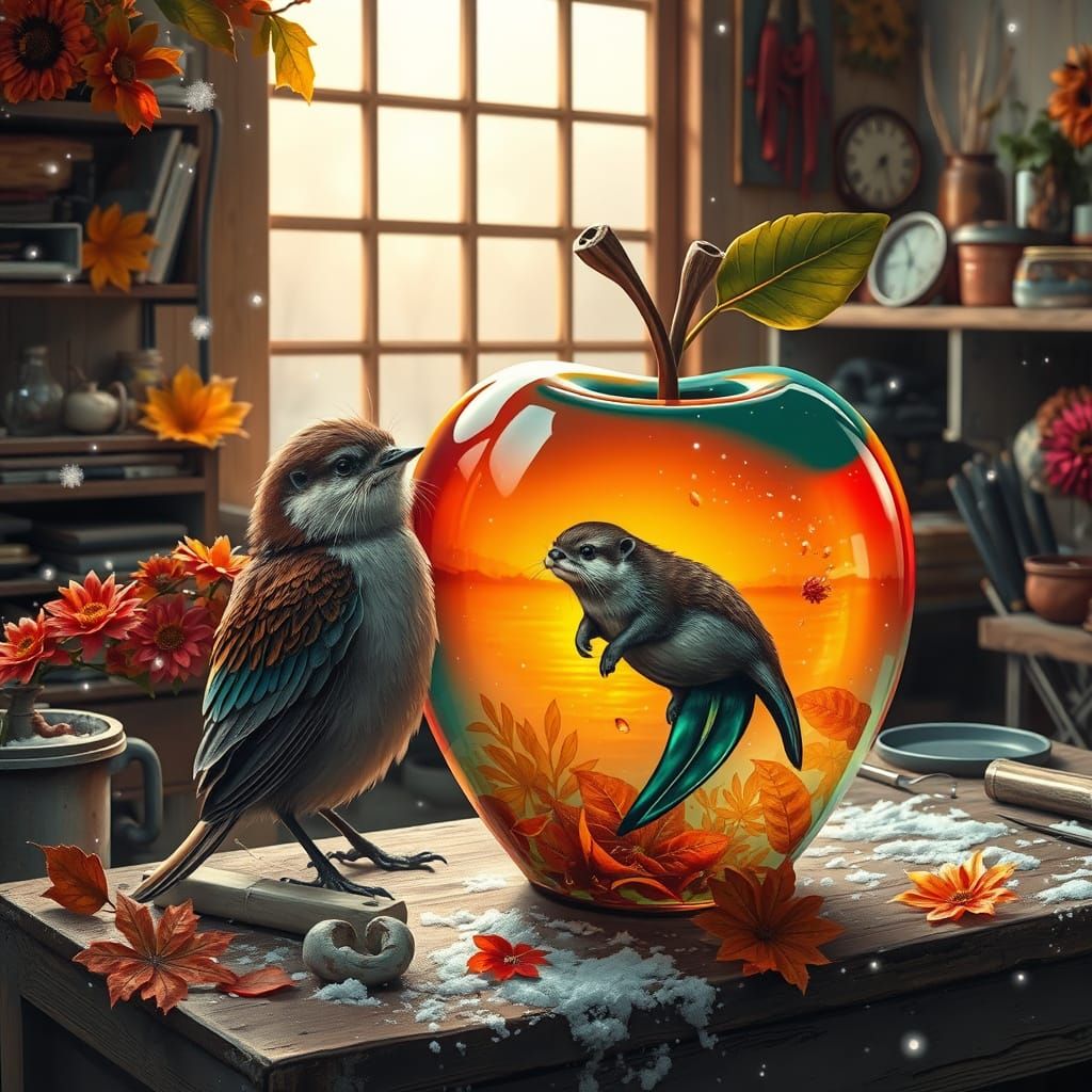 Autumn Bird and Glass Apple in Workshop