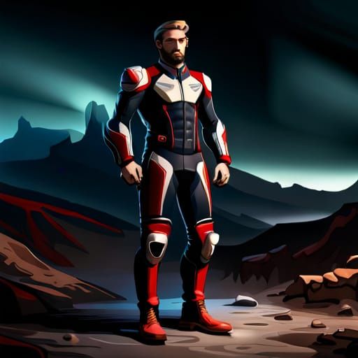 Muscular Biker in Space Suit, Detailed Matte Painting