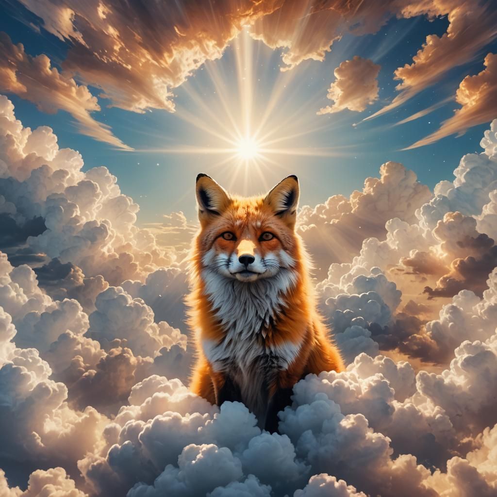 Fox Head in Clouds: Surreal Astral Illustration