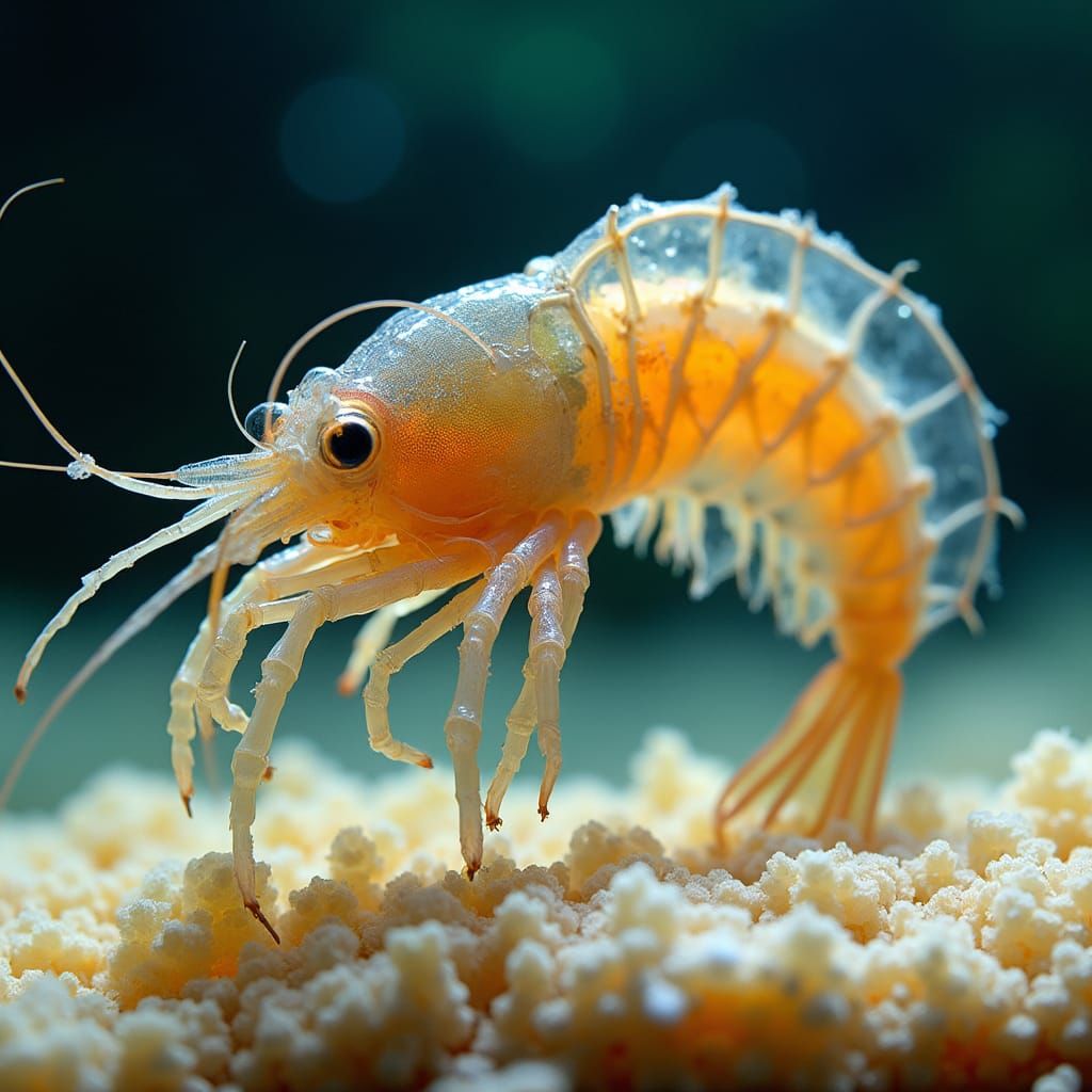 Translucent Prawn Swimming Above Golden Sand