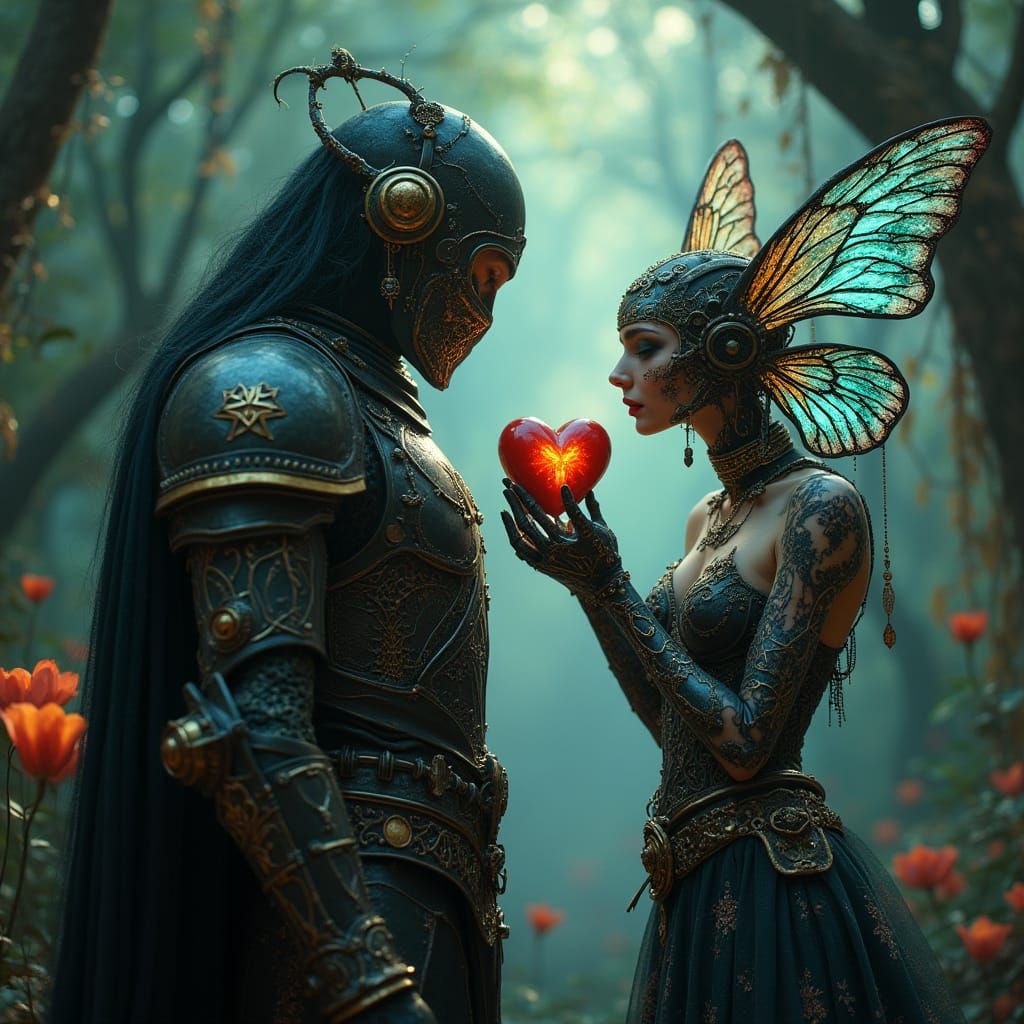 Gothic Warrior Offers Heart to Biomechanical Sprite