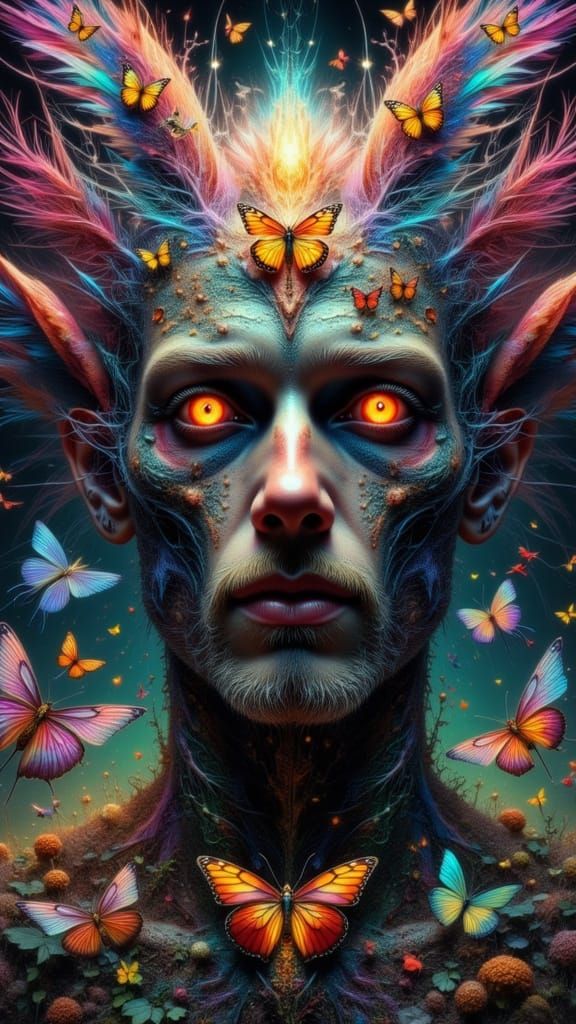 Fractal Faced Man with Spiderweb Wings