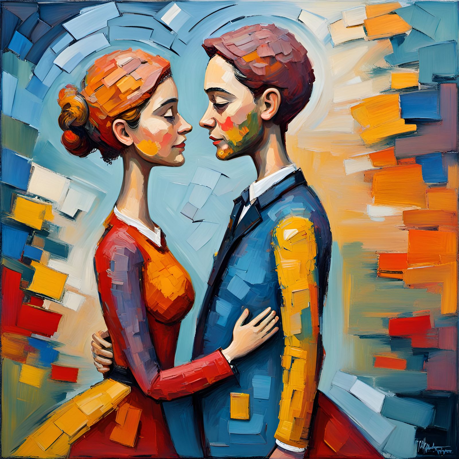 Embracing Spouses Bobbleheads in Expressionist Oil Painting