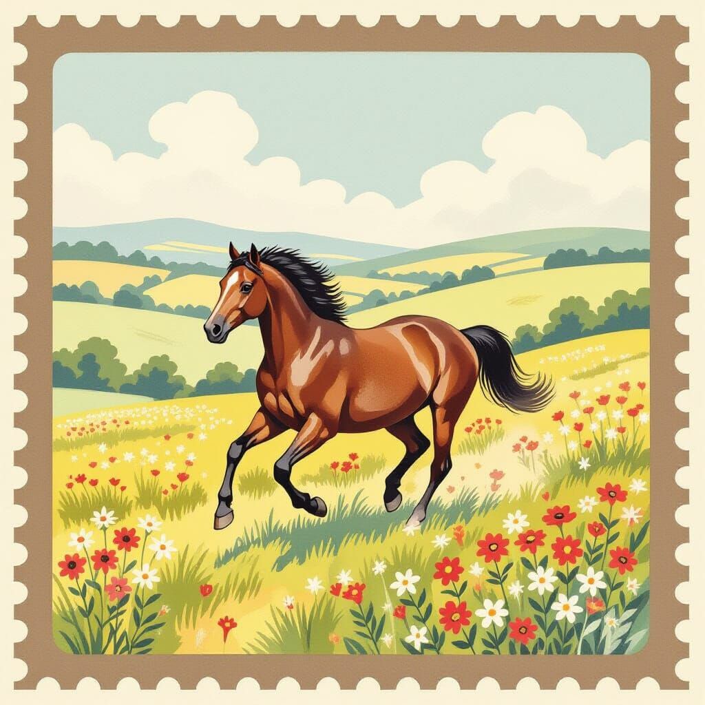 Horse Running in Countryside Watercolour Stamp Frame