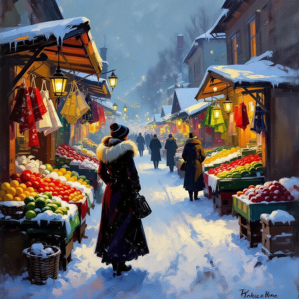 Russian Market Silhouette in Warm Lantern Glow