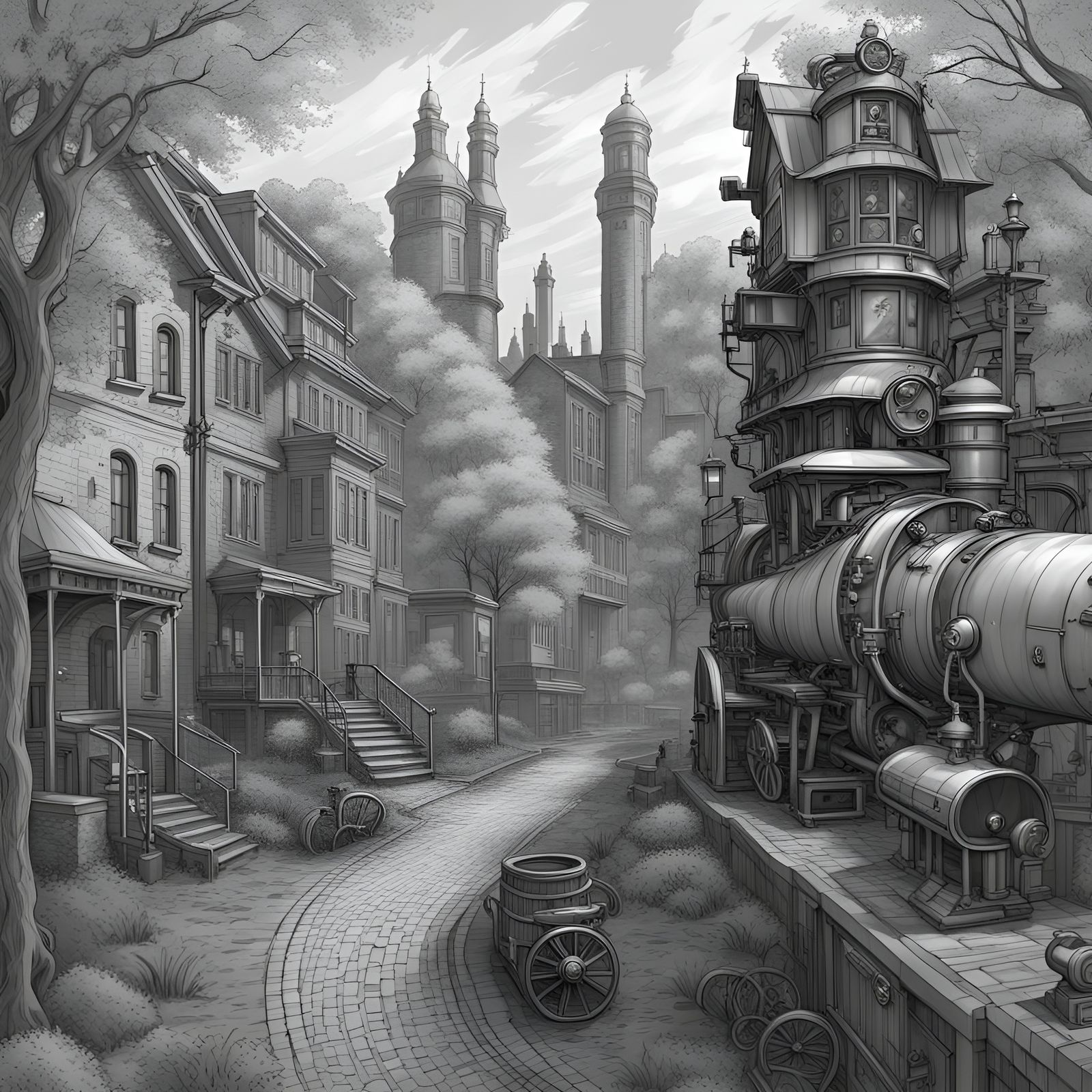 Steampunk Autumn Park Scene in Grayscale