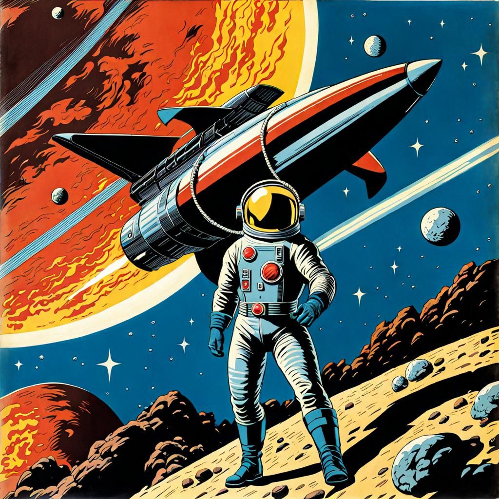 Spaceman Repairing Rocket in Orbit, Retro Comic Style