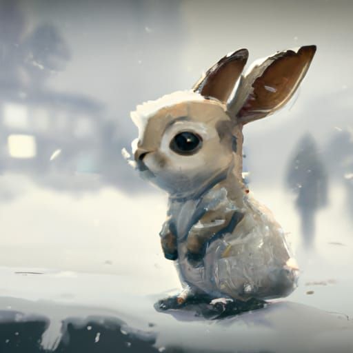 Cute Bunny in Snow: Traditional Watercolor Art