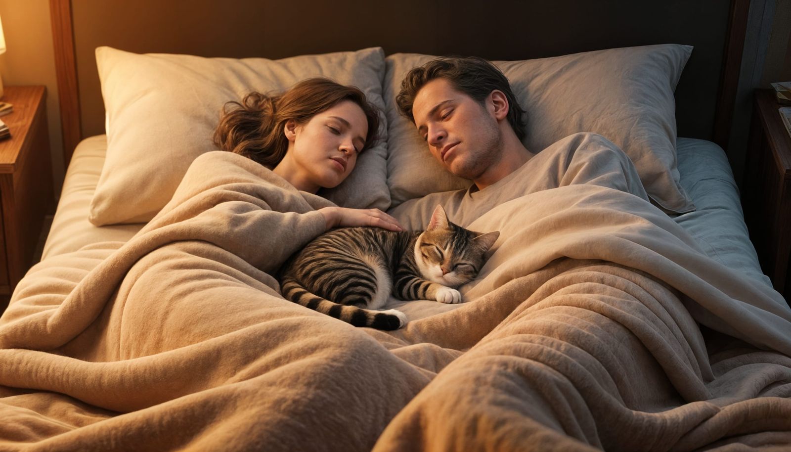 Cozy Couple and Cat in Warm Sepia Tones