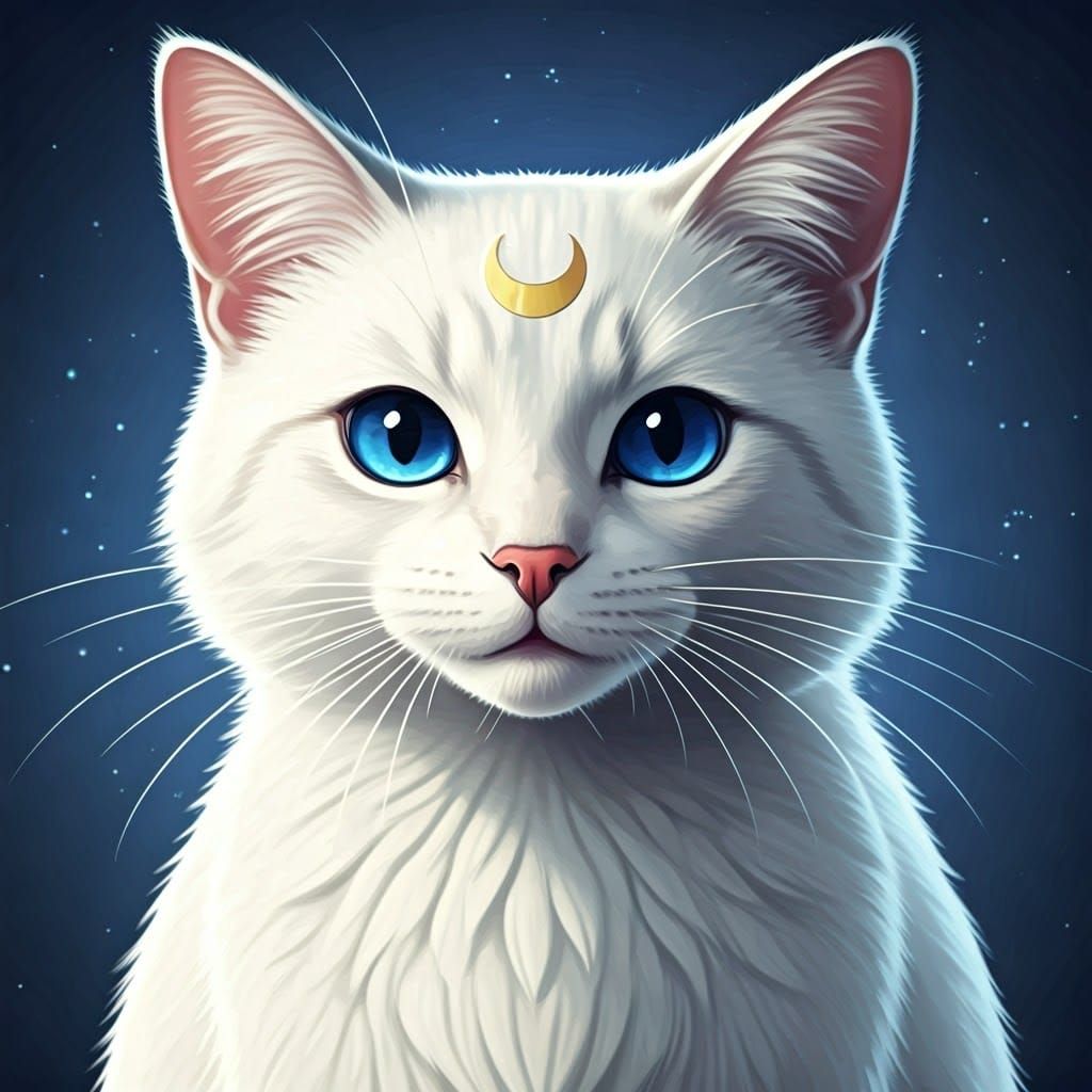 Serene Anime Cat with Crescent Moon Mark and Delicate Collar