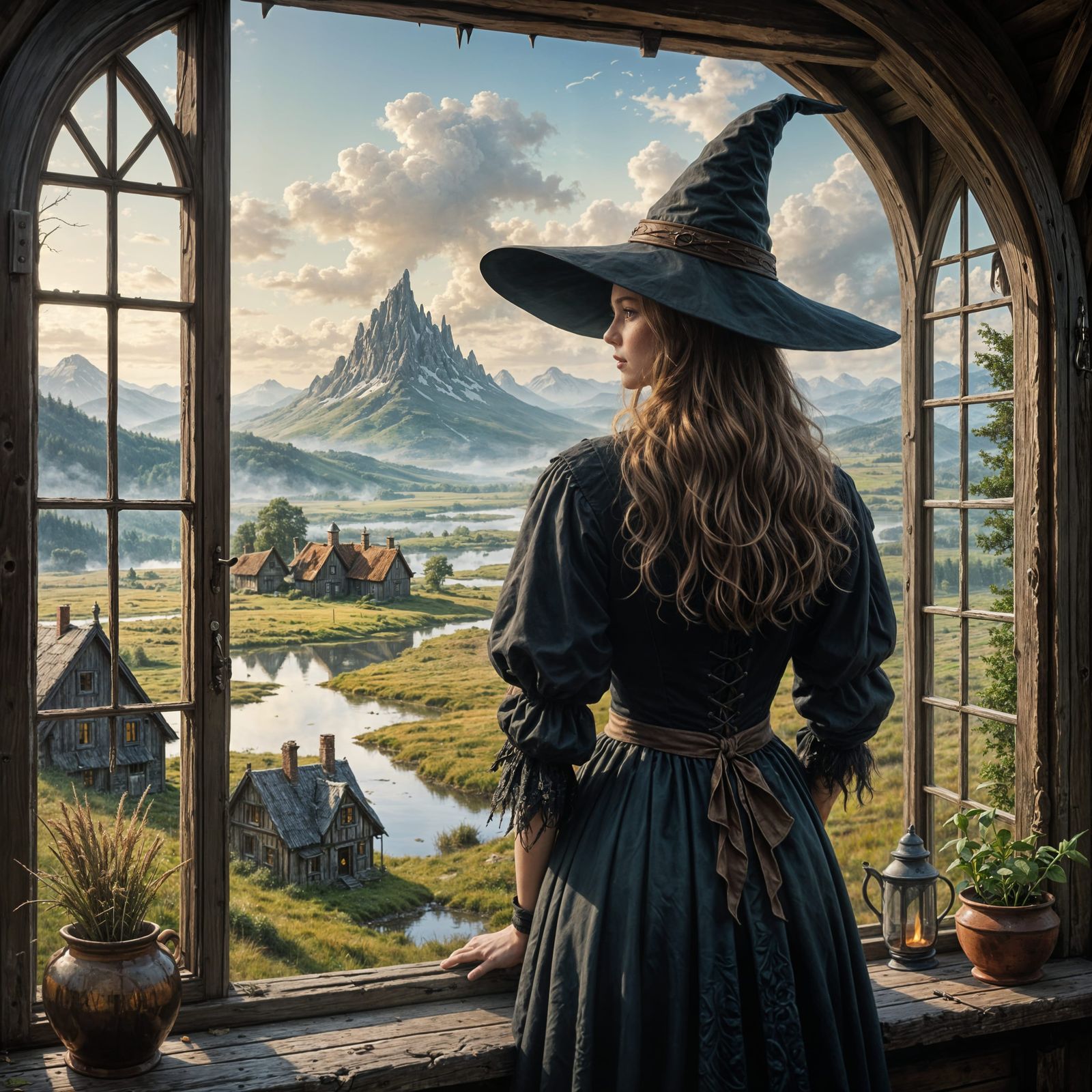 Enchanted Witch Stares Out at Morning Mist Over Marsh Valley