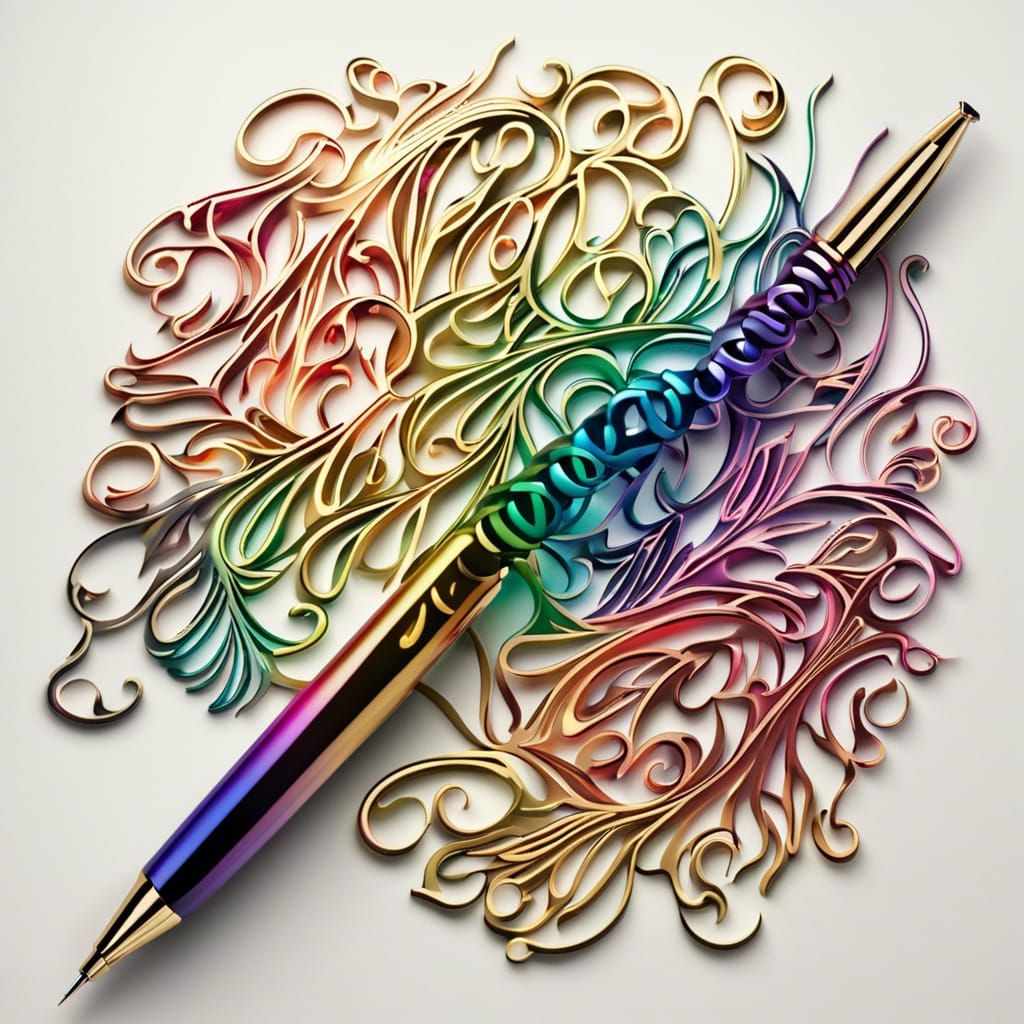 Metalic rainbow background with a gold Metalic calligraphy pen