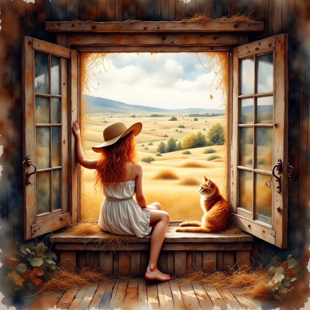Young girl with her cat in a barn 2