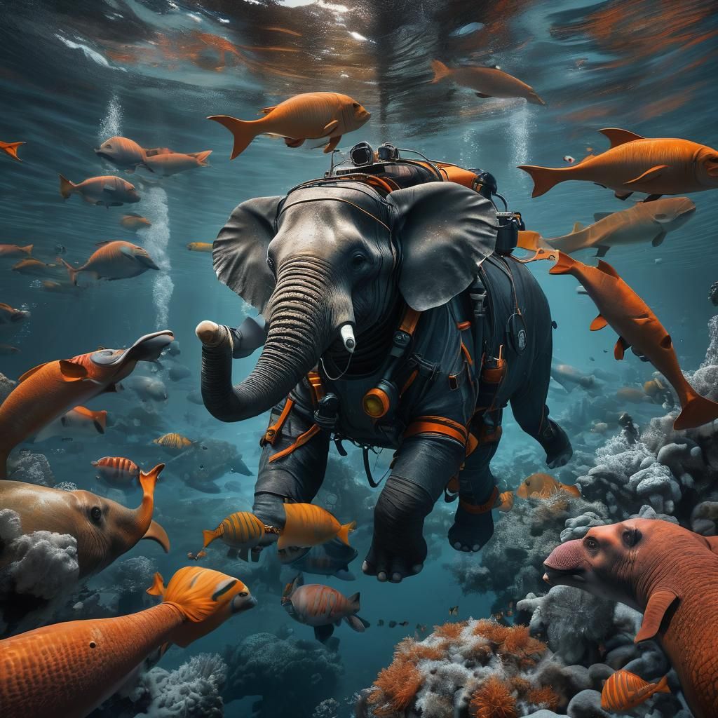 Scuba Diving Elephant Rescue Mission in Art Nouveau Style