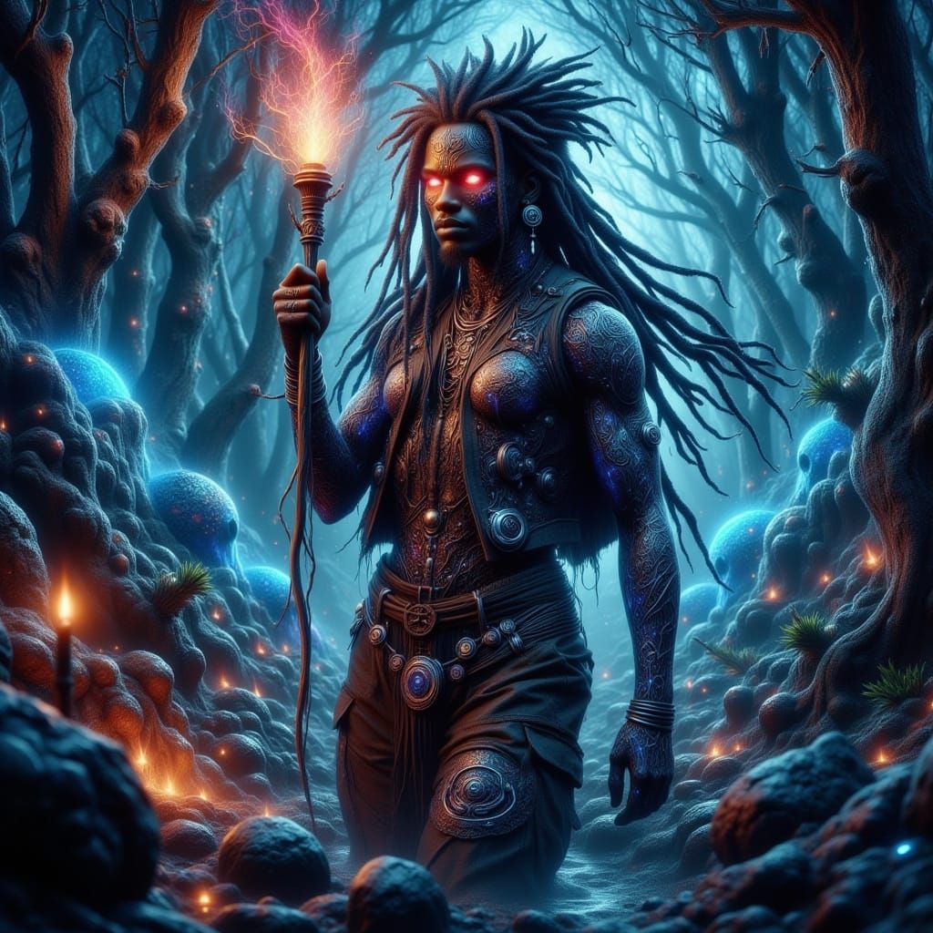Afro-Caribbean Voodoo Priest in Cyberpunk Swamp