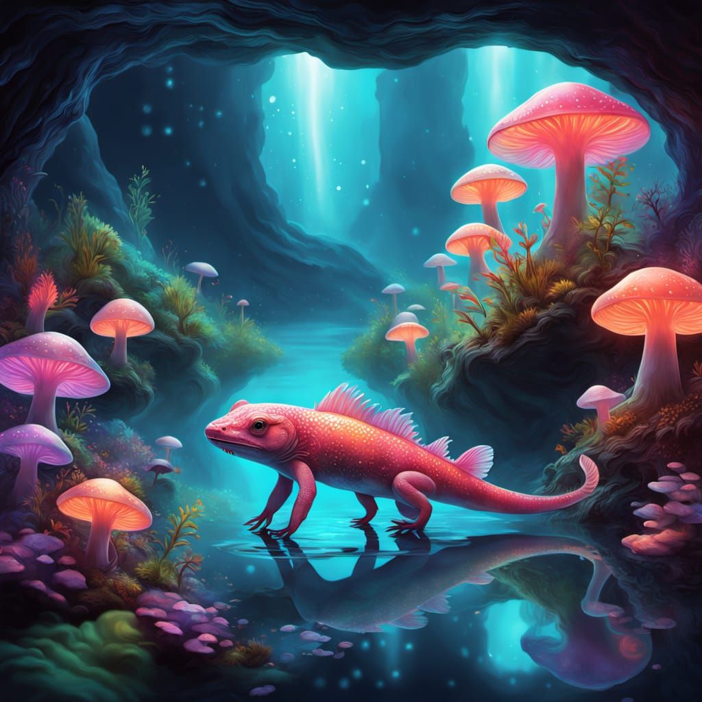 Dreamlike Axolotl in a Neon Underwater Cave