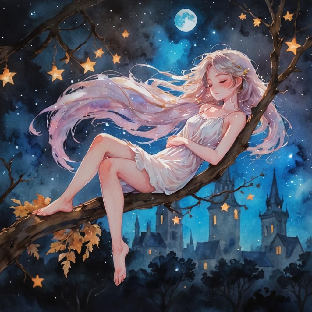 glowing red white beautiful anime girl sleeping on a thick big branch wearing white silk camisole nightdress with folded...