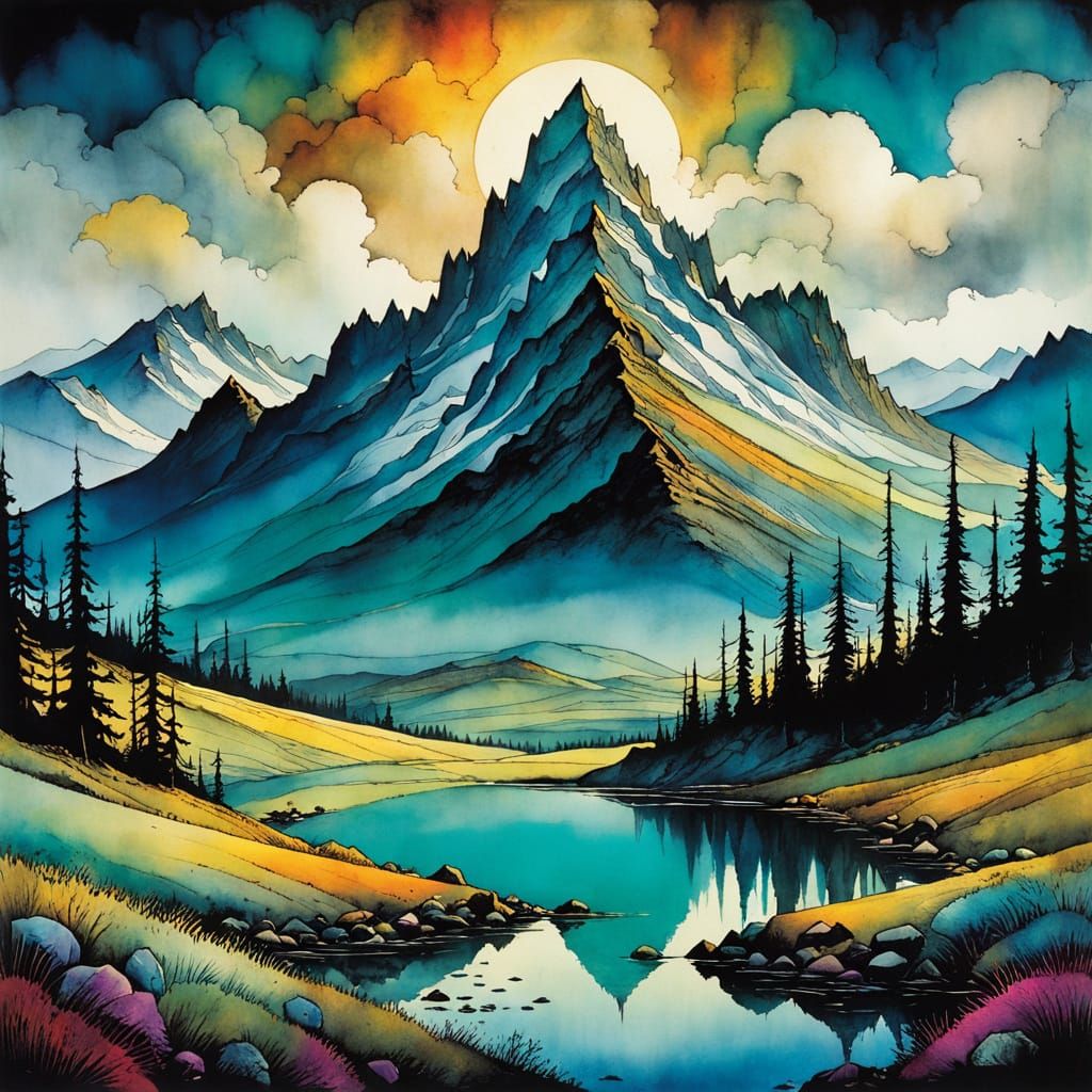 Vibrant Mountains in Whimsical Style