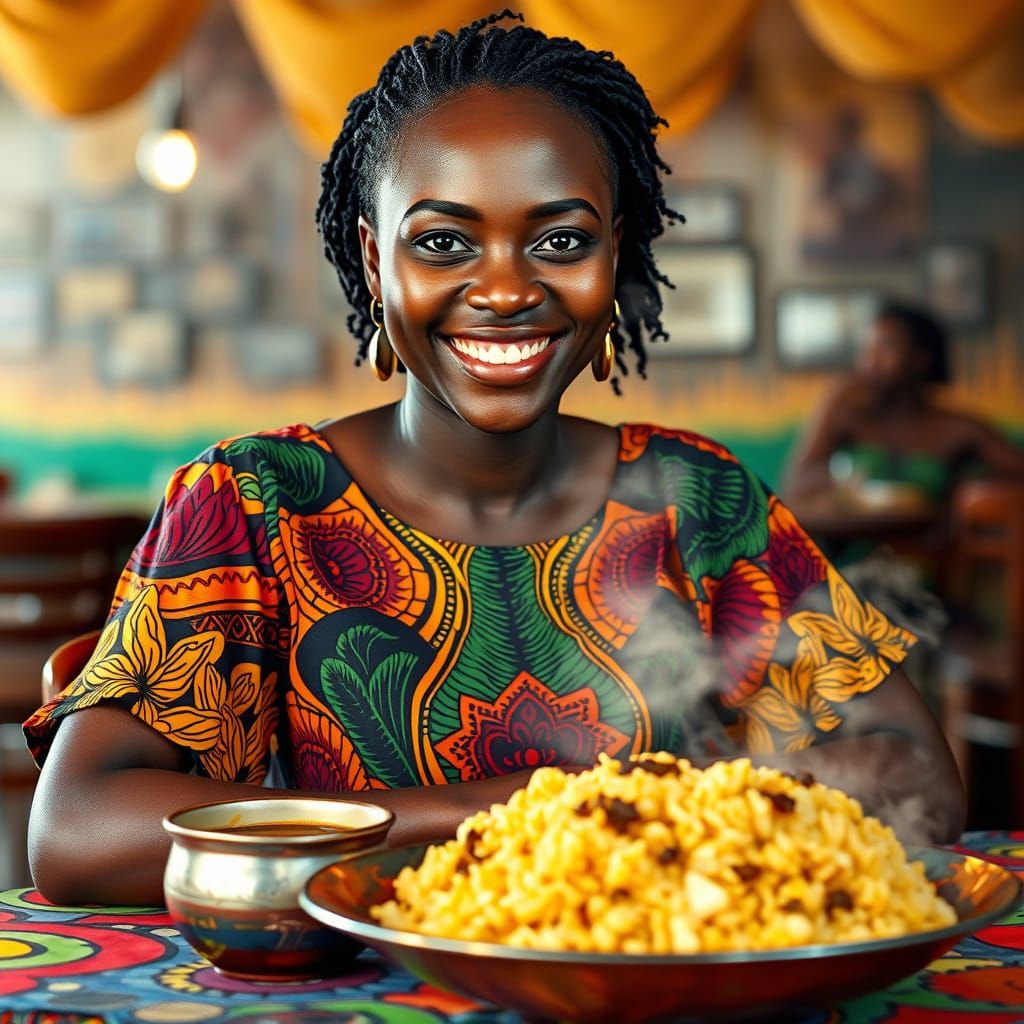 African Beauty Sits Amidst Vibrant Ghanaian Cuisine