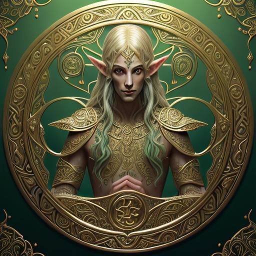 Ornate Elven Shield with Gold Runes, Photorealistic