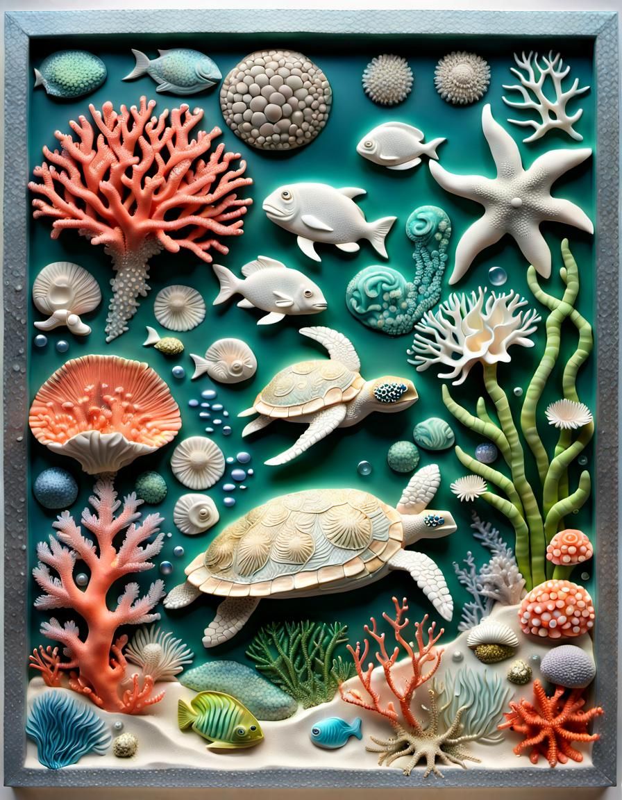 Intricate Coral Reef Relief in Mixed Media