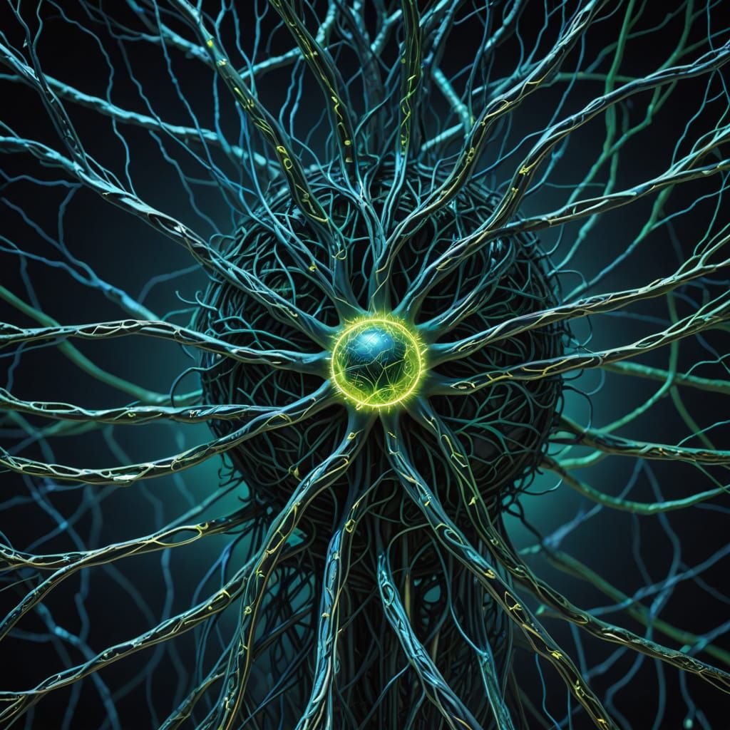 Neural Pathways Merged With Roots and Microchips