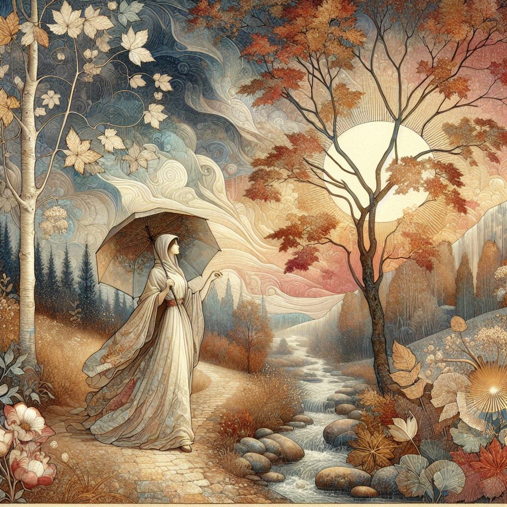 Autumn Landscape with Woman, Art Nouveau Botanical Illustrat...