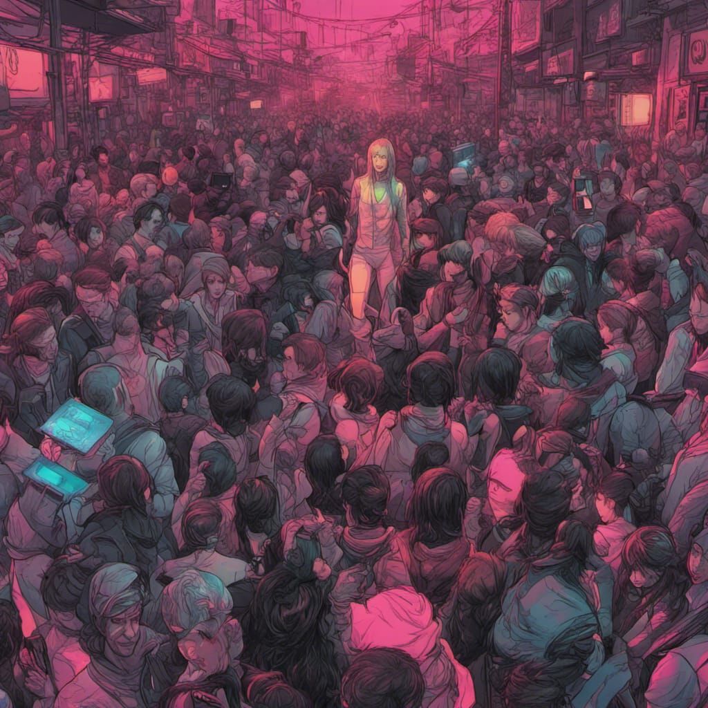 Invisible Person in Cyberpunk Crowd: Detailed Digital Art