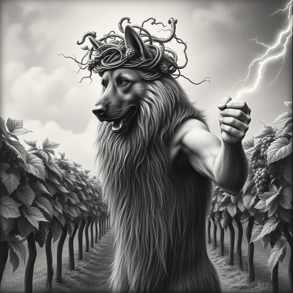 Zeus Shepherd Hybrid in Vineyard: Charcoal Drawing
