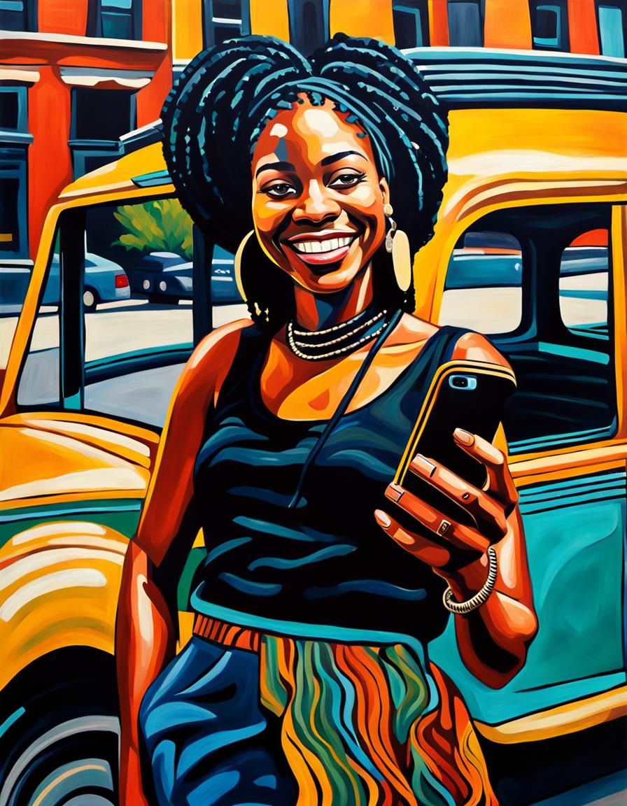 Smiling Black Woman in Uber: Street Art Oil Painting