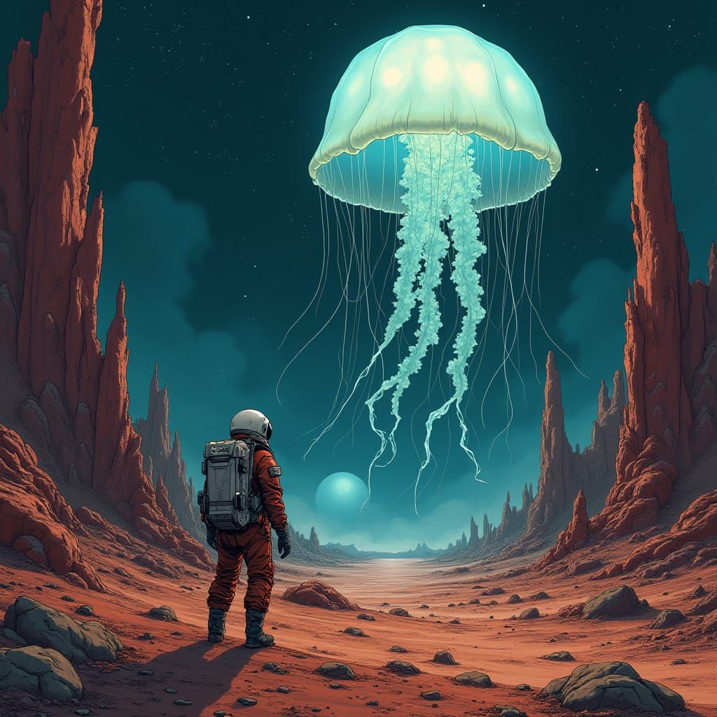 Astronaut Admires Celestial Jellyfish in Alien Landscape