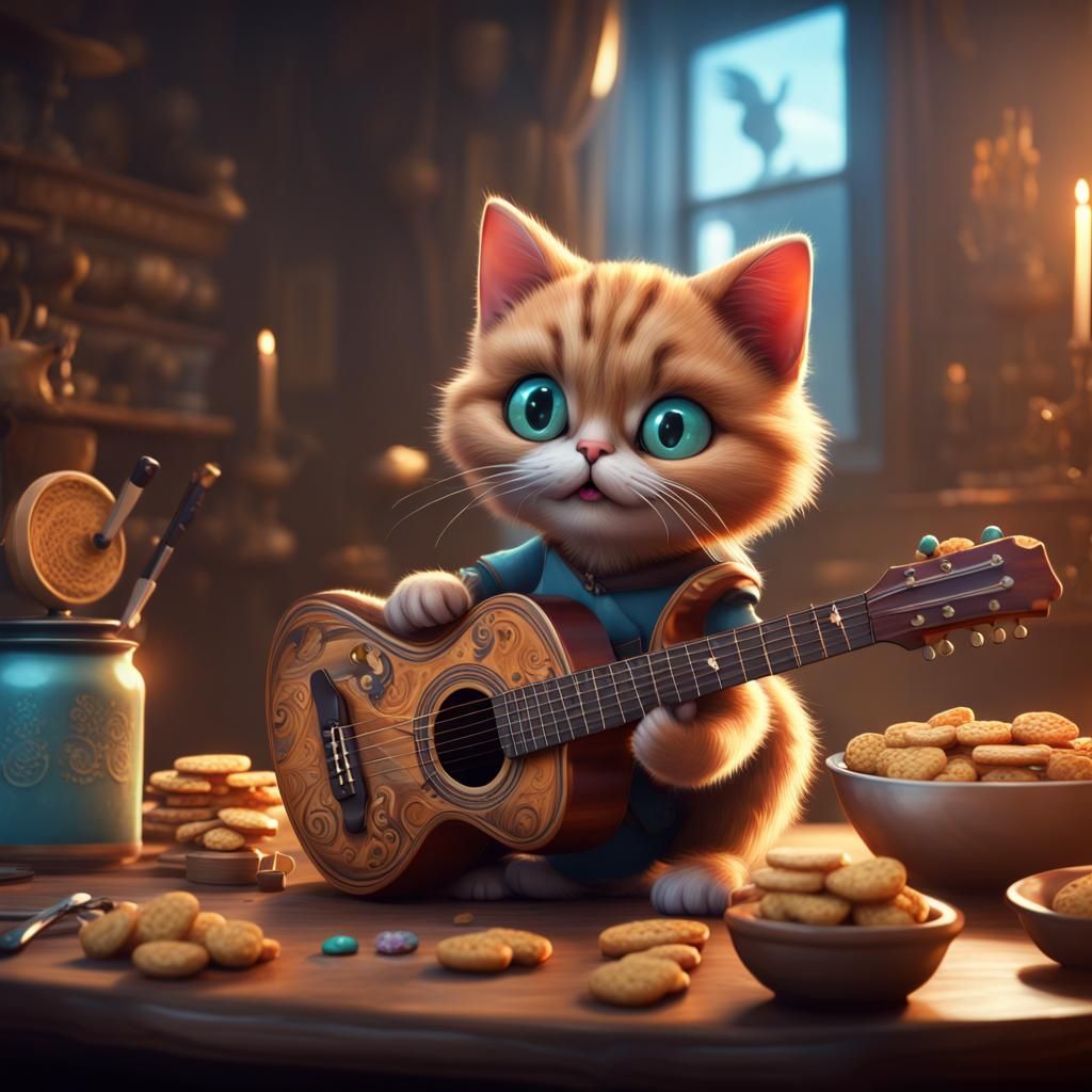 Cat Plays Guitar for Treats: Digital Art