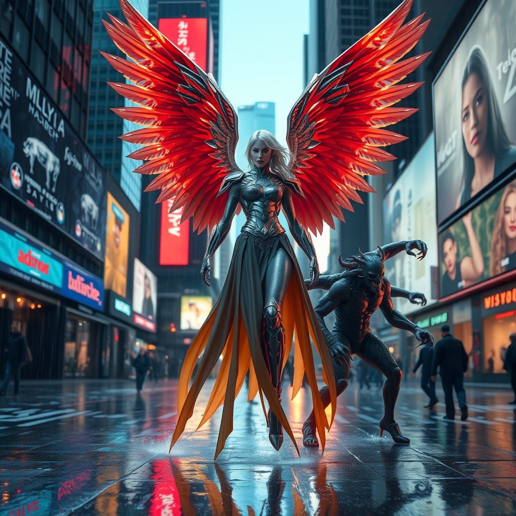 Angel vs Demon Battle in Dystopian Cyberpunk City