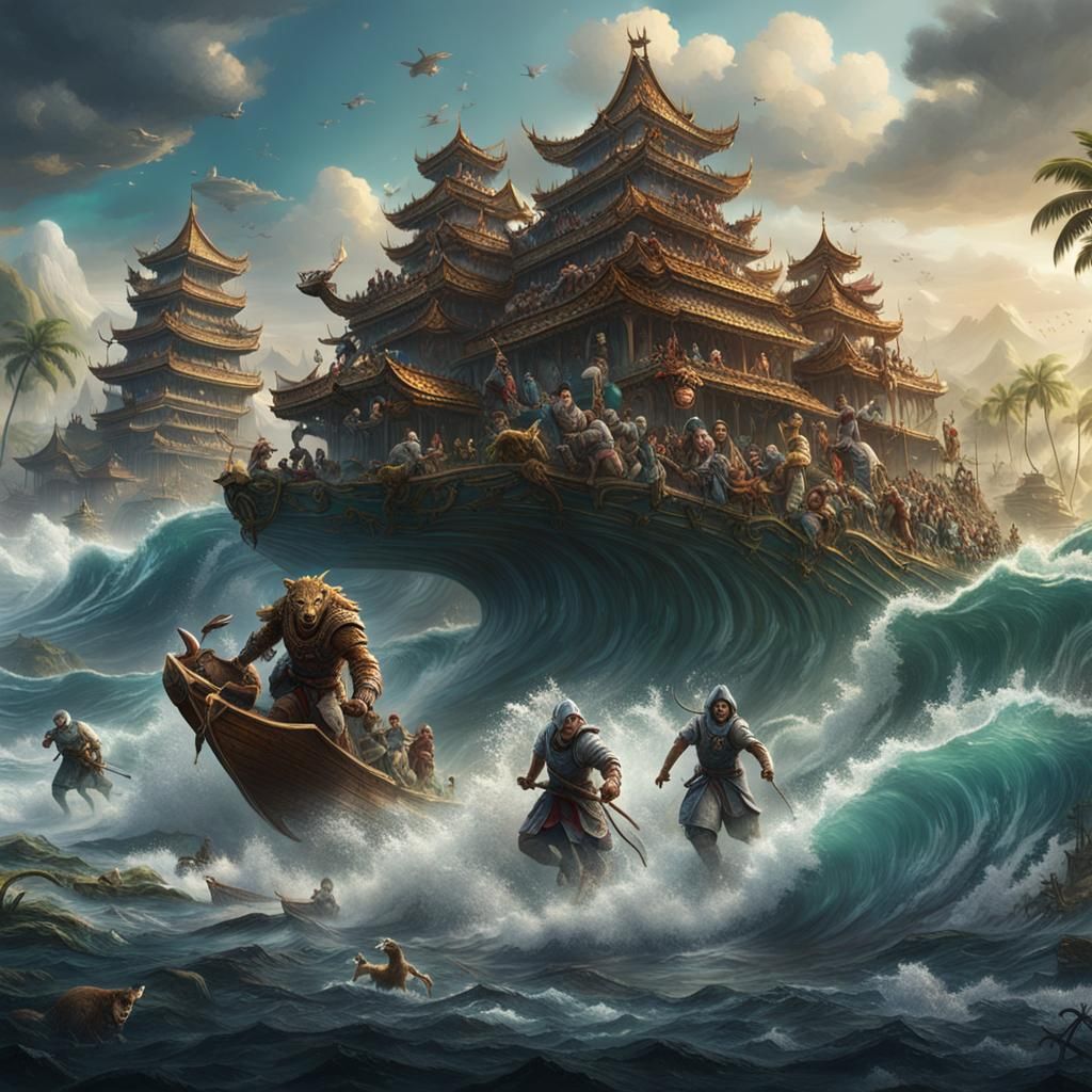 Animals and People Fleeing Waves in Indonesia