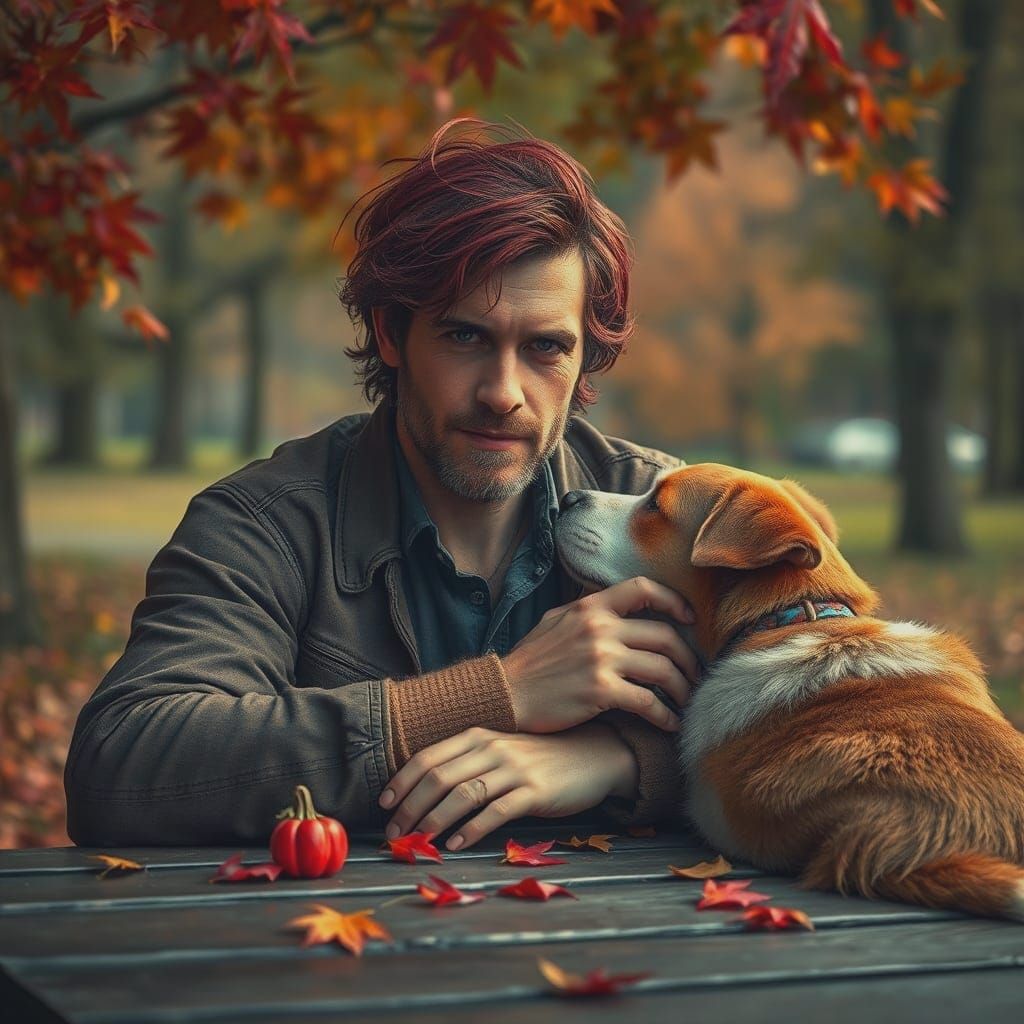 Man with Red Hair and Dog in Autumn Park