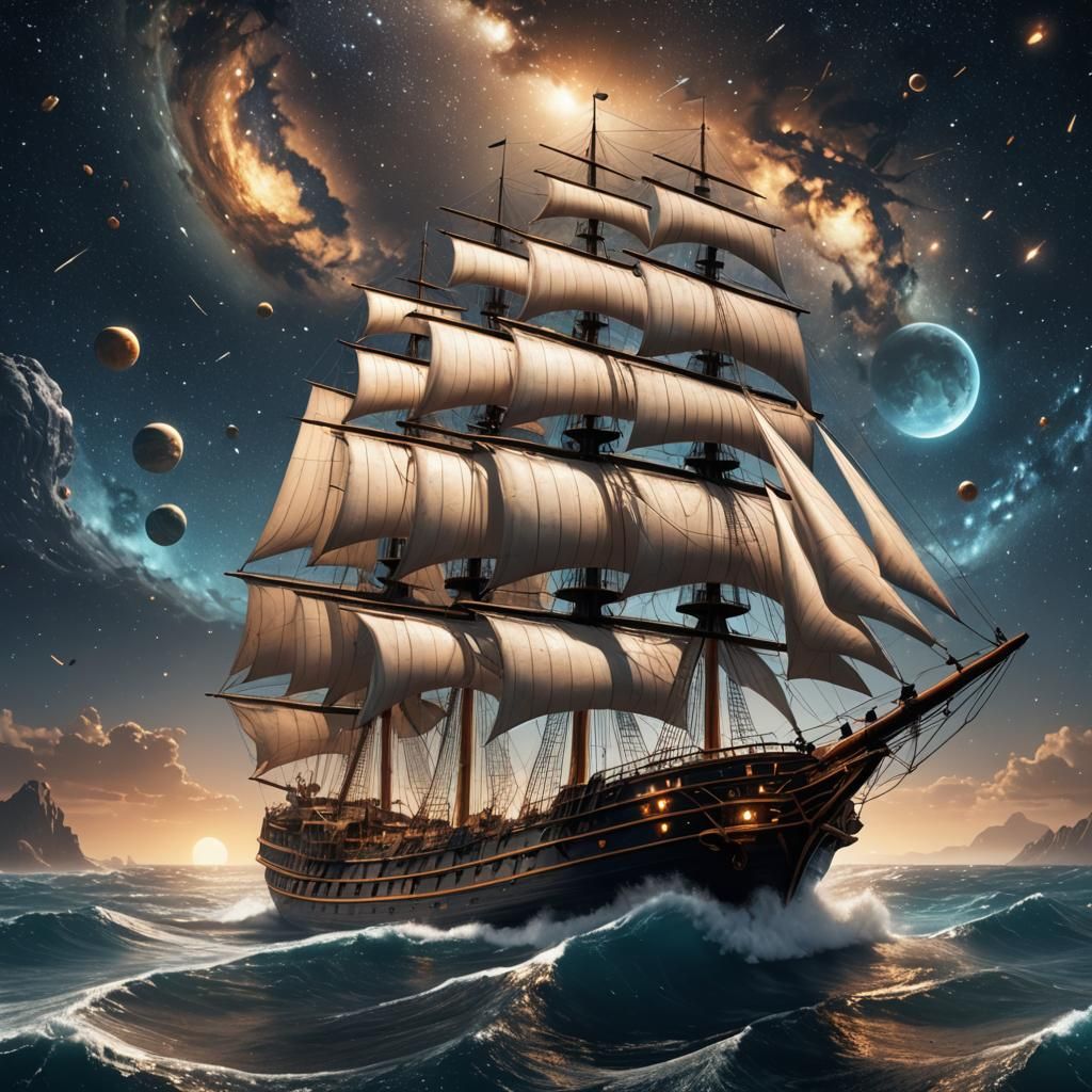 Sailing Ship Navigating a Dreamscape Ocean